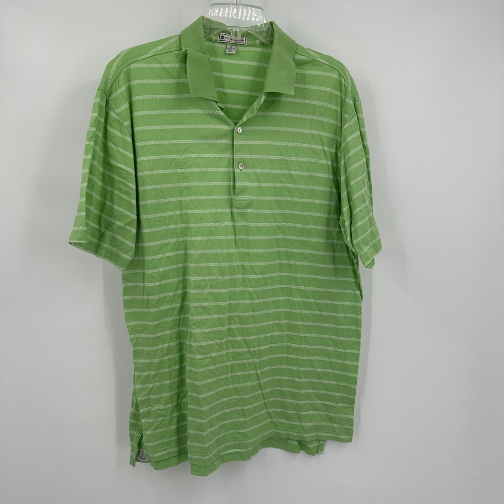 Peter Millar Mens Green White Striped Golf Polo Shirt Size L Cotton Short Sleeve